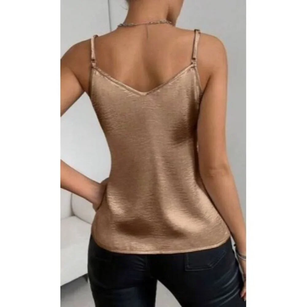 Chic Coffee Brown Solid Color Glossy Camisole Top - Picture 6 of 7